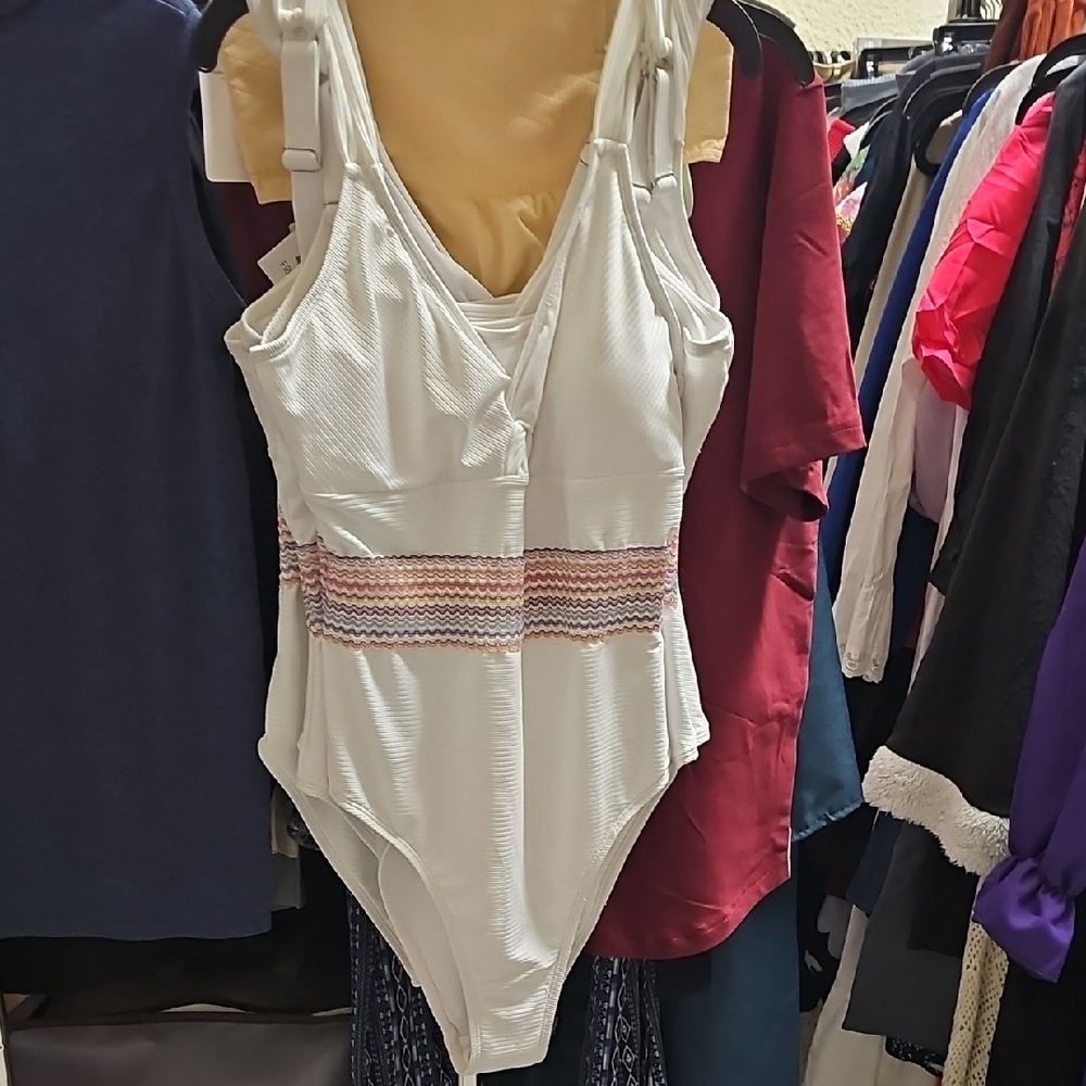 New In Bag White Womens One-Piece Swimsuit with Multicolor Waist Detail